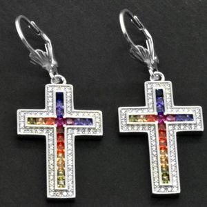 925 Silver Rainbow Sapphire Dangle Cross Earrings